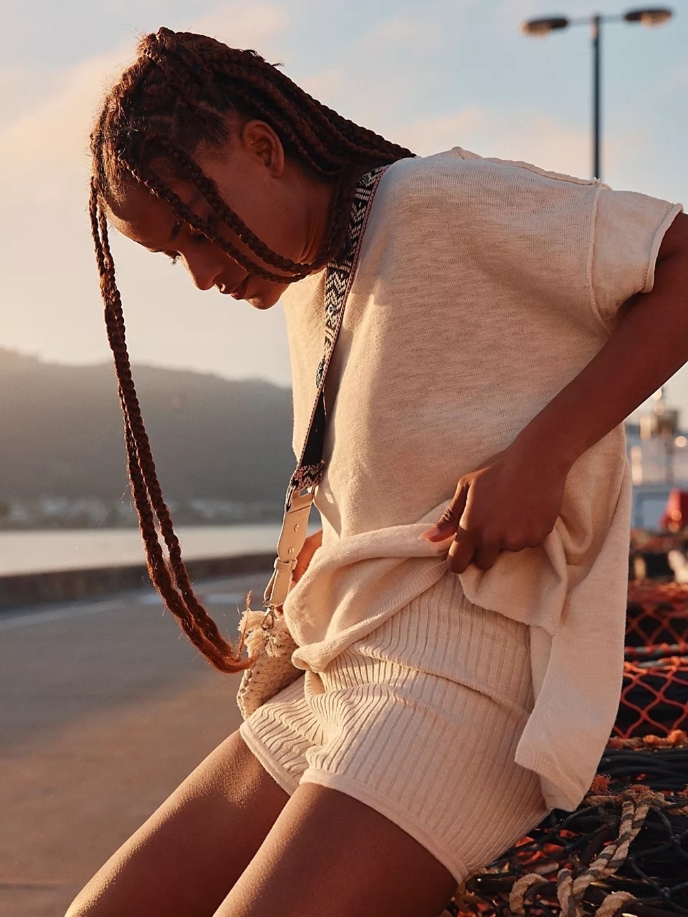 Free People Beach Ribbed High-Rise Lounge Shorts | Bone Coastal Knit Pull-On LG